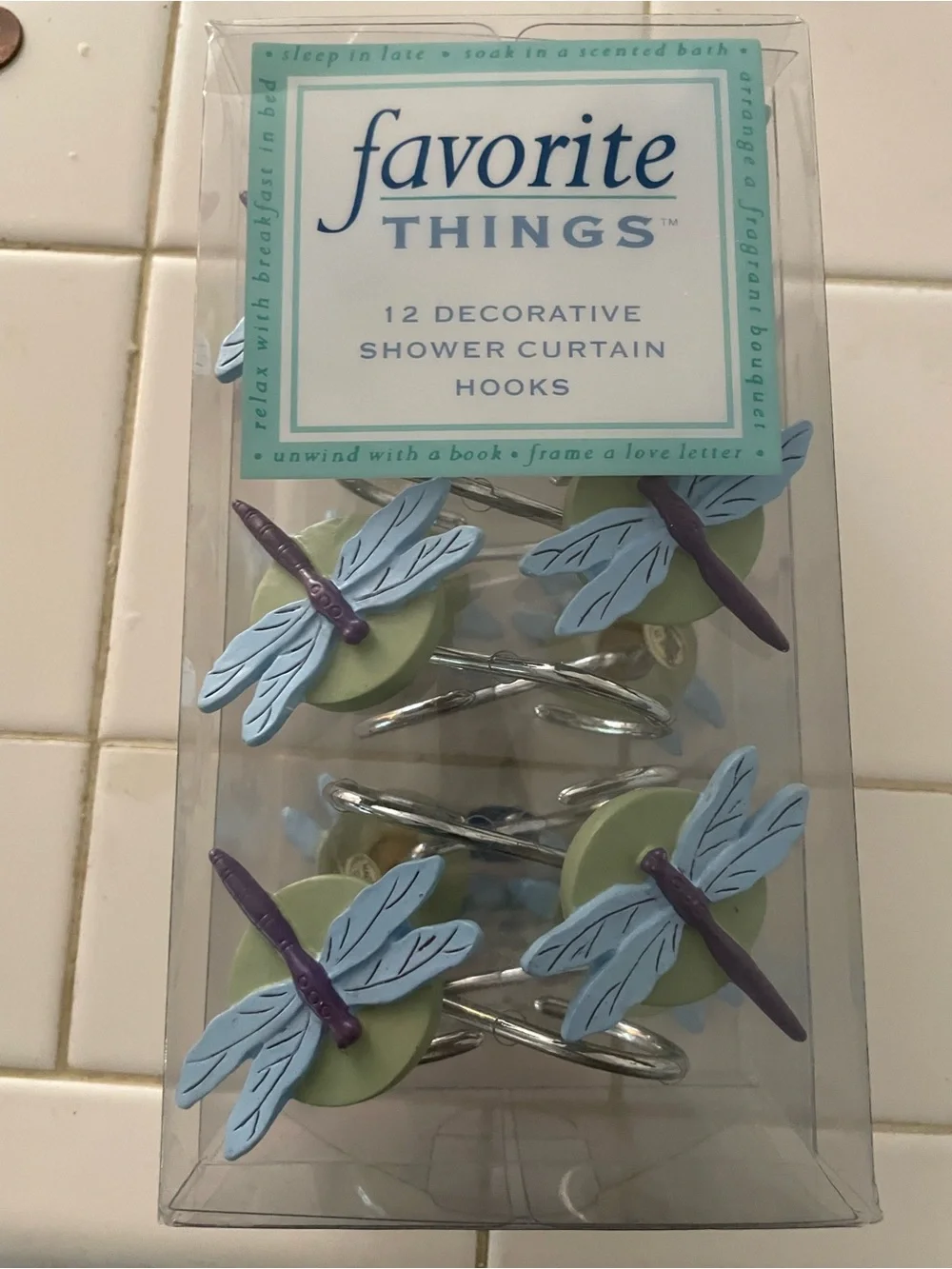 Favorite Things Decorative Dragonfly Shower Curtain Hooks - Blue & Green NIB